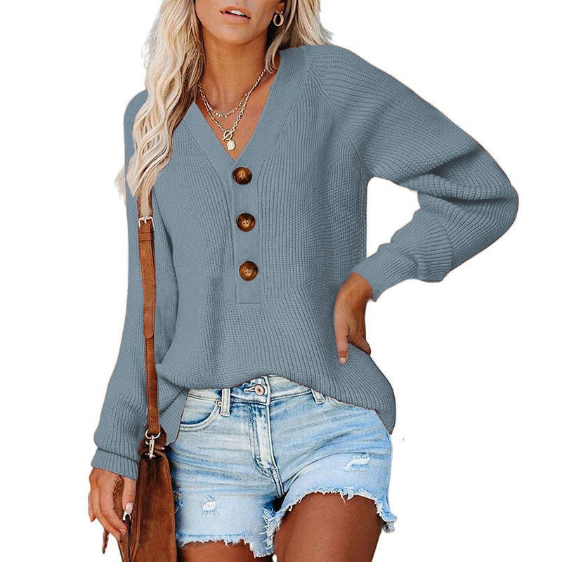 Damen Strickpullover mit V-Ausschnitt und Knopfdetails WW