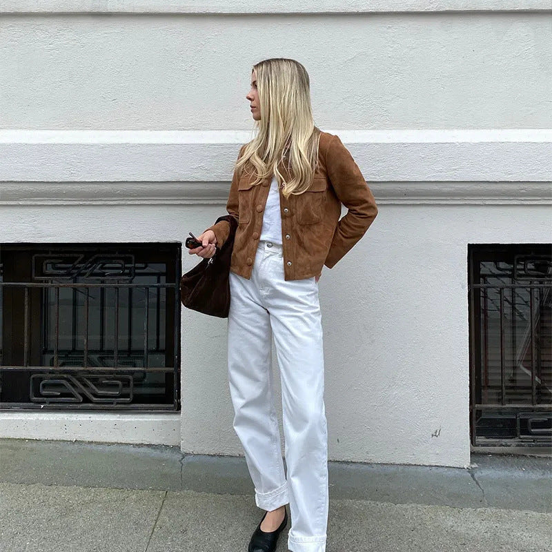 Damen klassische Wildlederjacke mit aufgesetzten Taschen und sportlichem Schnitt W&W Mode
