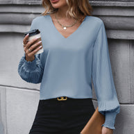 Damen Bluse mit voluminösen Plisseeärmeln und elegantem V-Ausschnitt WW