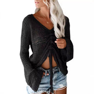 Damen angesagter V-Ausschnitt Pullover mit Raffung WW