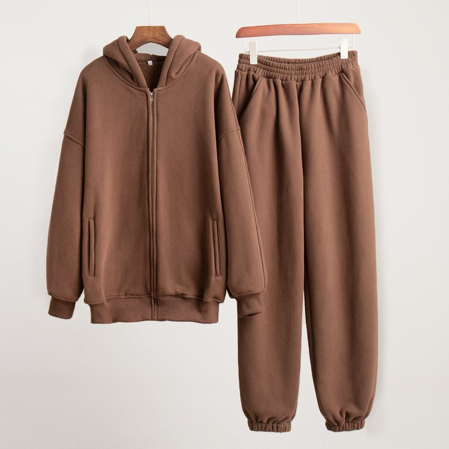 Damen Bequemes Fleece-Hausanzug-Set mit Hoodie und elastischem Bund WW