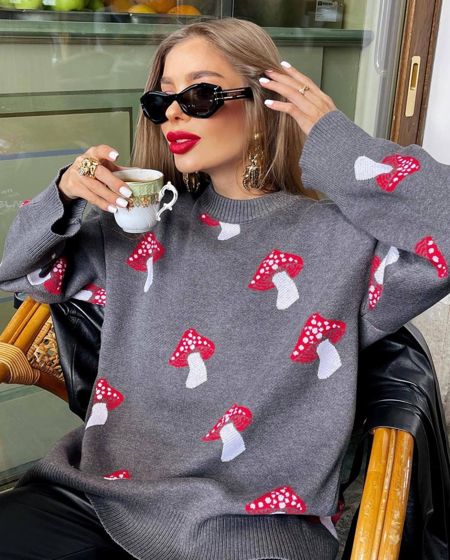 Damen Strickpullover mit verspieltem Pilzmotiv WW