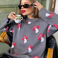 Damen Strickpullover mit verspieltem Pilzmotiv WW