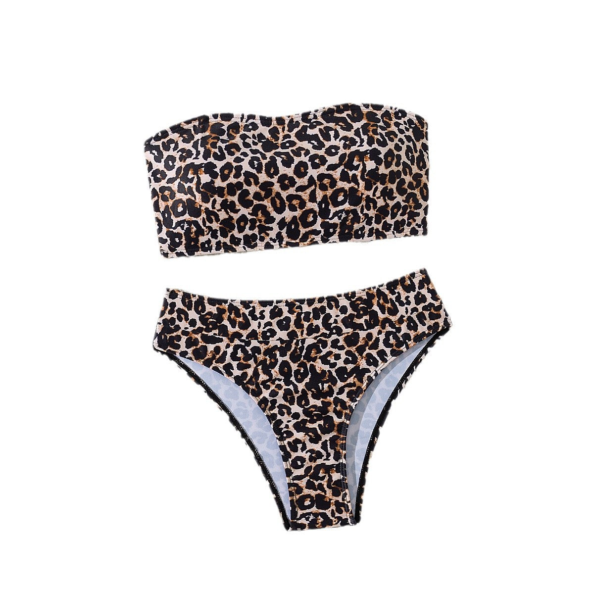Damen Bandeau-Bikini-Set mit elegantem Leo-Muster und hoch geschnittenem Slip WW
