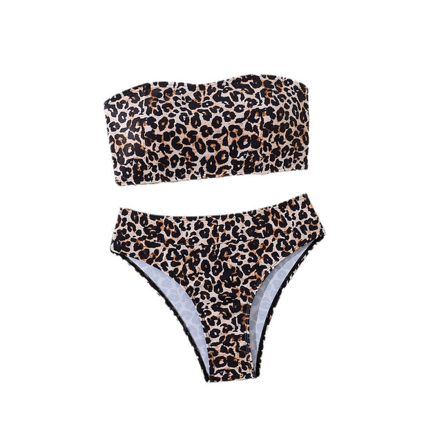 Damen Bandeau-Bikini-Set mit elegantem Leo-Muster und hoch geschnittenem Slip WW