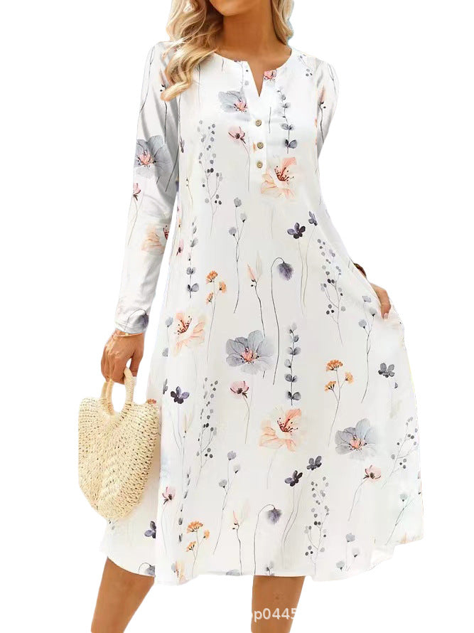 WW | Bedrucktes V-Ausschnitt Knopf Langarmkleid