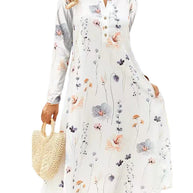 WW | Bedrucktes V-Ausschnitt Knopf Langarmkleid