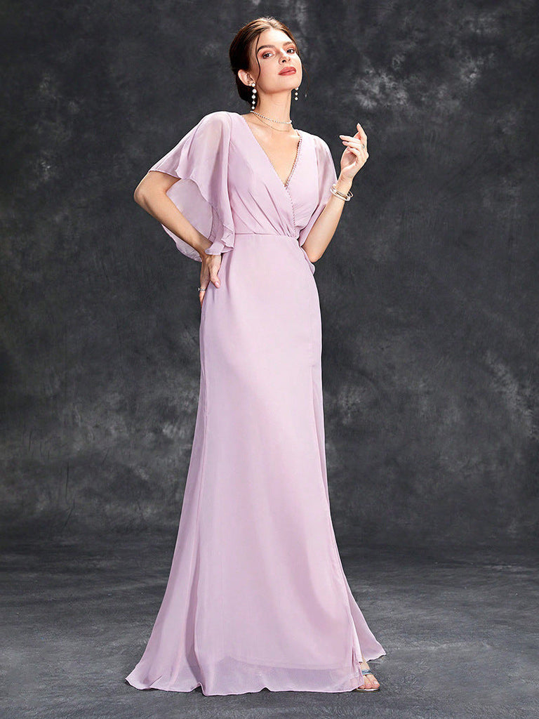 WW | Abendkleid V-Ausschnitt Einfach Einfarbig Kleid Cocktail Jährliches Treffen Brautjungfernkleid Sommer