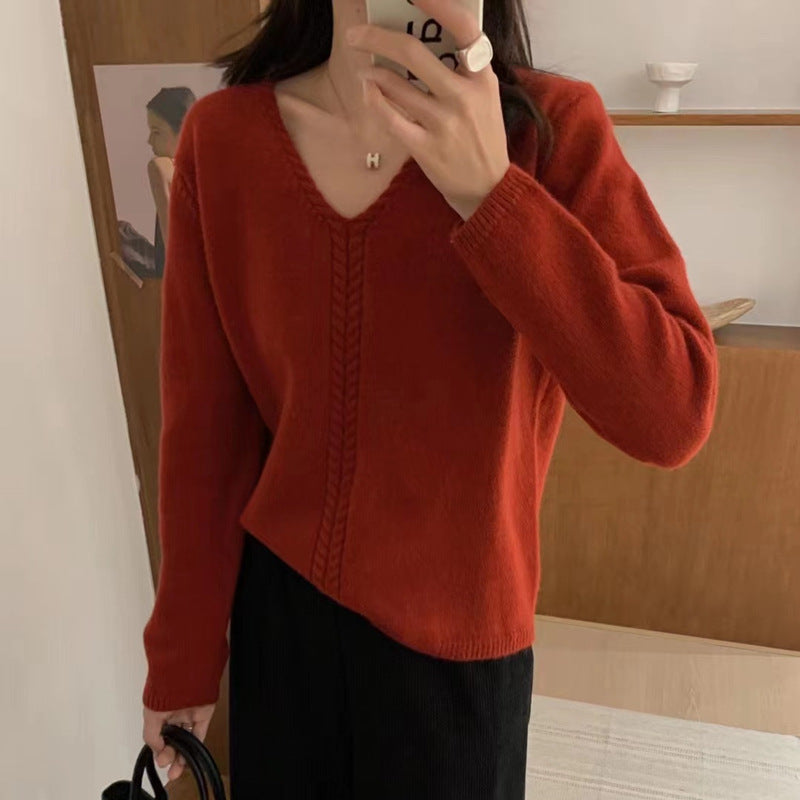 Damen Strickpullover mit V-Ausschnitt und Zopfmuster WW