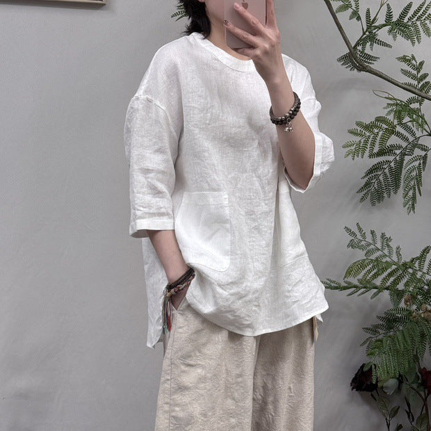 Damen Relaxed Fit Leinen Tunika-Oberteil mit Tasche W&W Mode