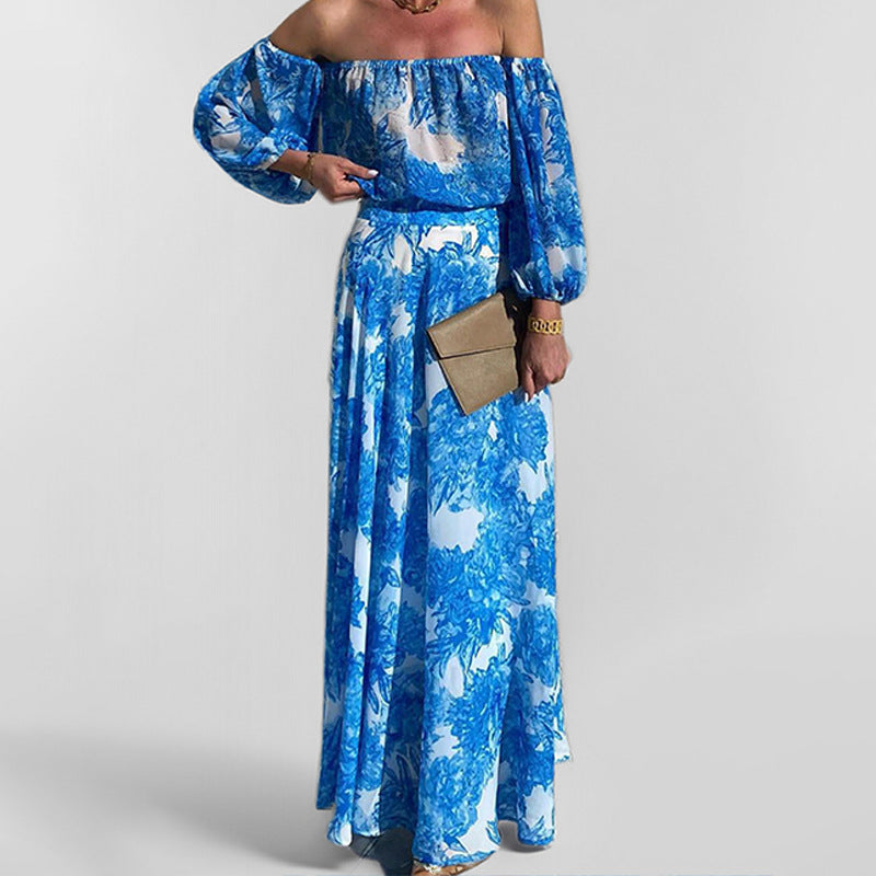 Damen Off-Shoulder Maxikleid mit floralem Druck und weitem Rock W&W Mode