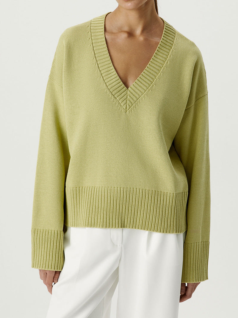Damen Strickpullover mit tiefem V-Ausschnitt und lässigem Schnitt WW