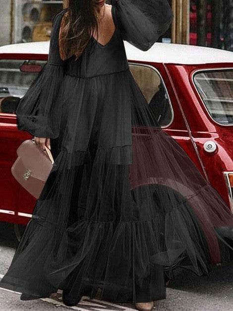 WW | Puffärmel Tüll Durchsichtig Lange Rock Kleid