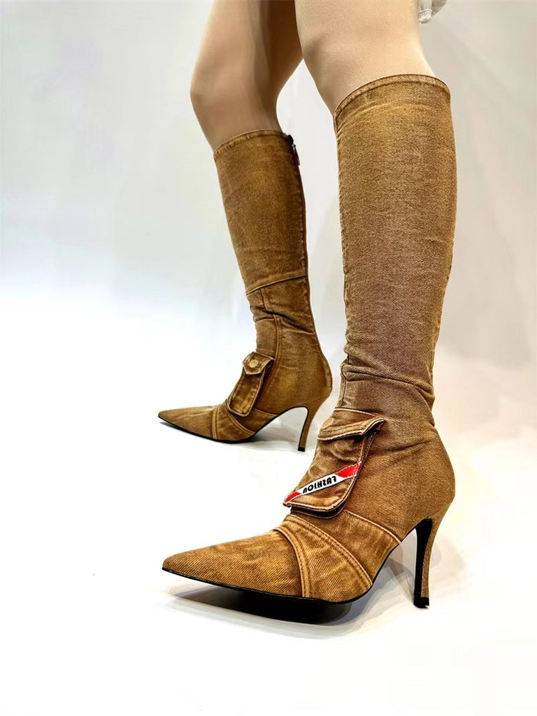 Damen High-Stiletto Denim Über-die-Knie Stiefel mit dekorativer Tasche WW