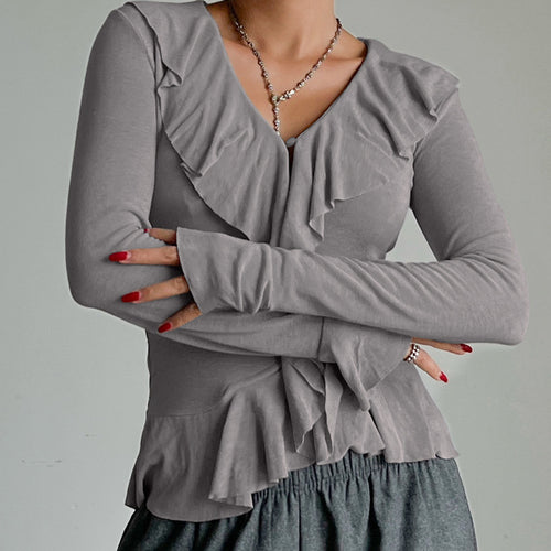 Damen Rüschenbluse mit verführerischem V-Ausschnitt und elastischem Saum WW