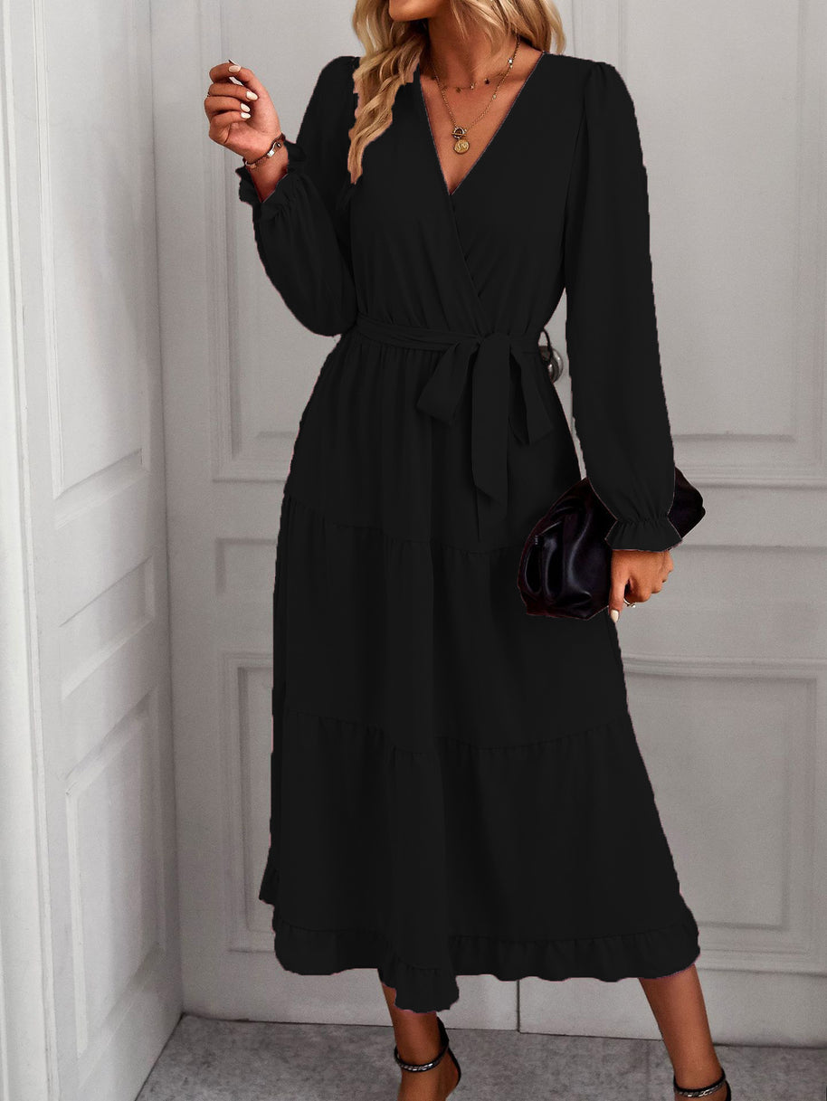 Damen Wickelkleid mit Rüschendetails und eleganten Puffärmeln WW