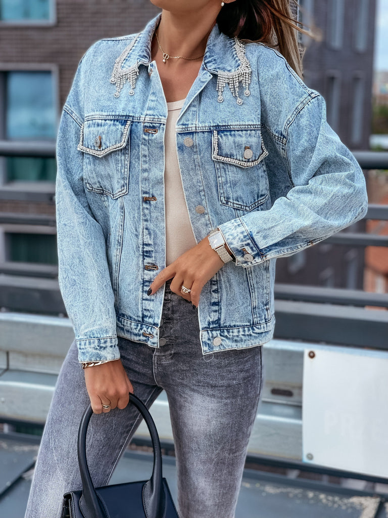 Damen Jeansjacke mit aufwendigem Perlenbesatz und lässigem Schnitt WW