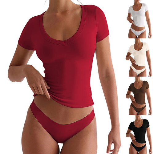 Damen figurbetontes V-Neck T-Shirt mit kurzen Ärmeln W&W Mode
