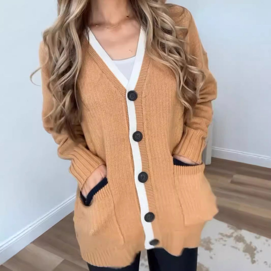Damen Strickjacke mit Taschen und modernen Knöpfen WW