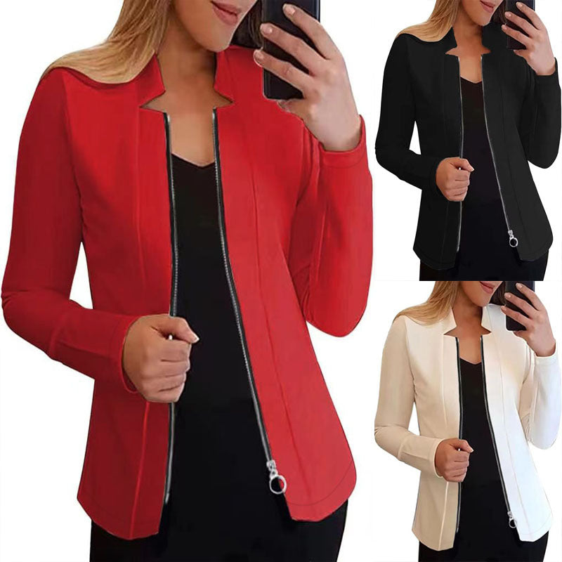 Damen moderne Blazerjacke mit asymmetrischem Reißverschluss und figurbetontem Schnitt WW