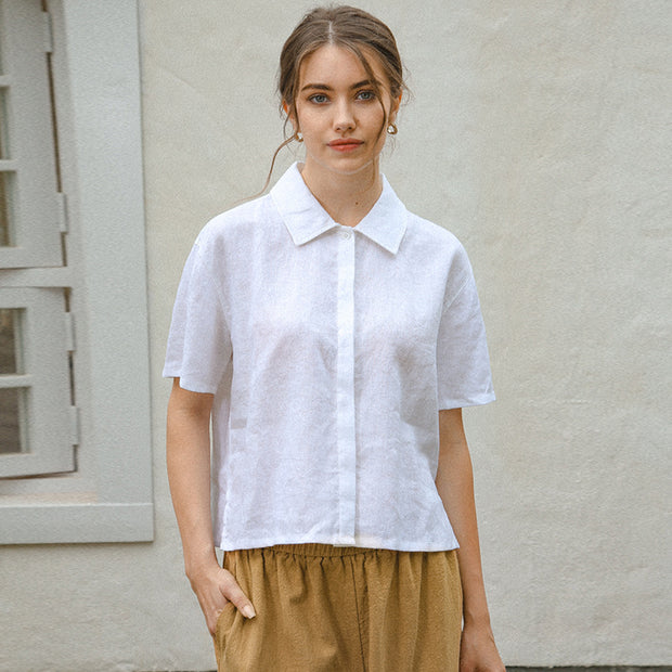 Damen Kurzärmlige Leinenbluse mit klassischem Kragen und lässigem Schnitt WW