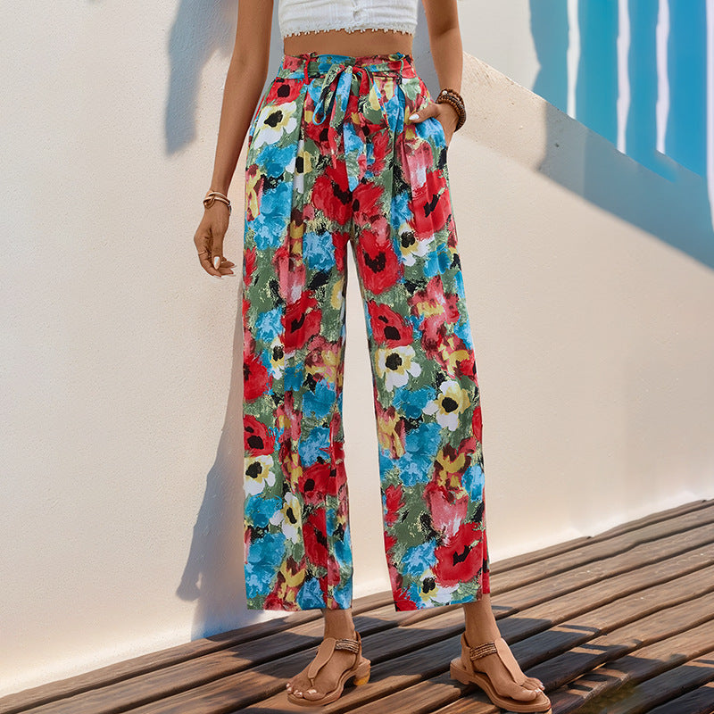 Damen weite Sommerhose mit buntem Blumenmuster und elastischem Bund WW