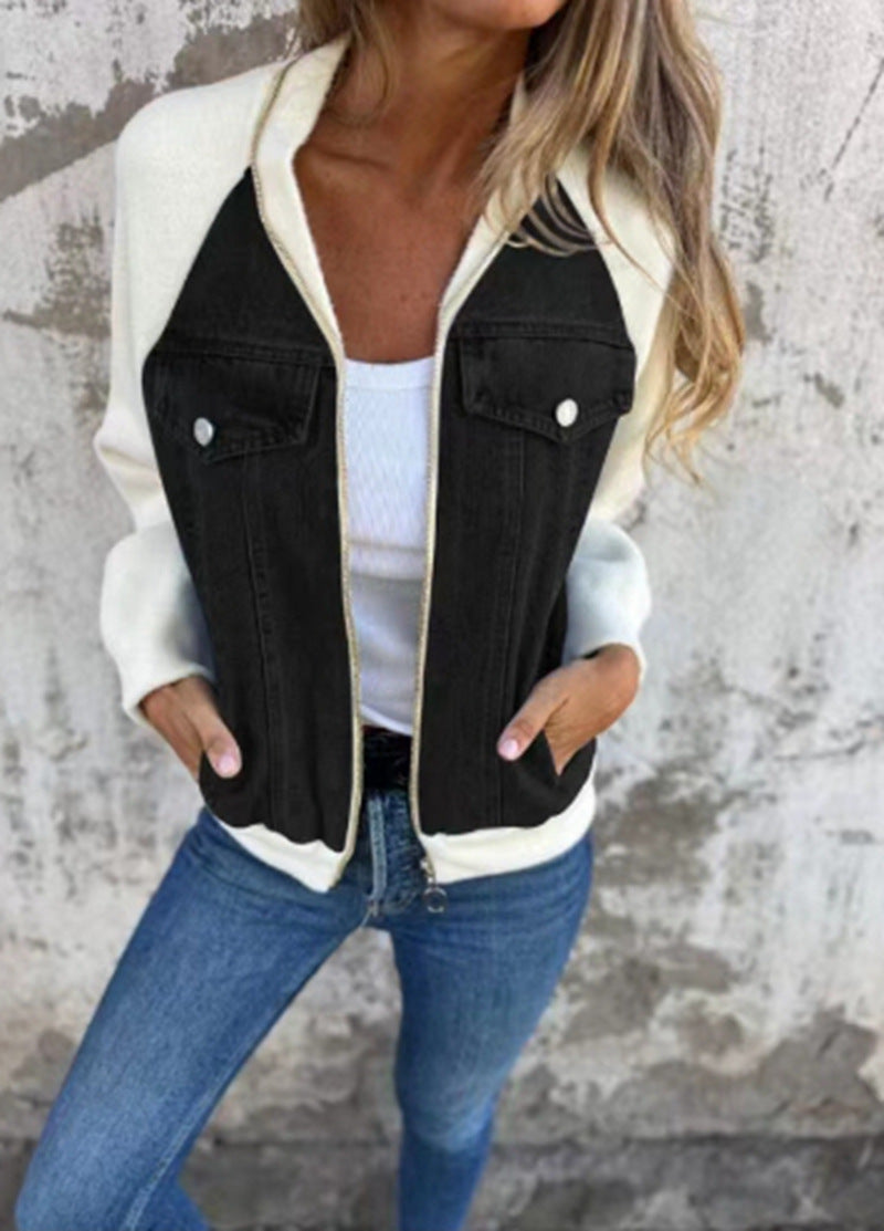 Damen Denim-Jacke mit kontrastfarbenen Ärmeln und praktischen Taschen WW