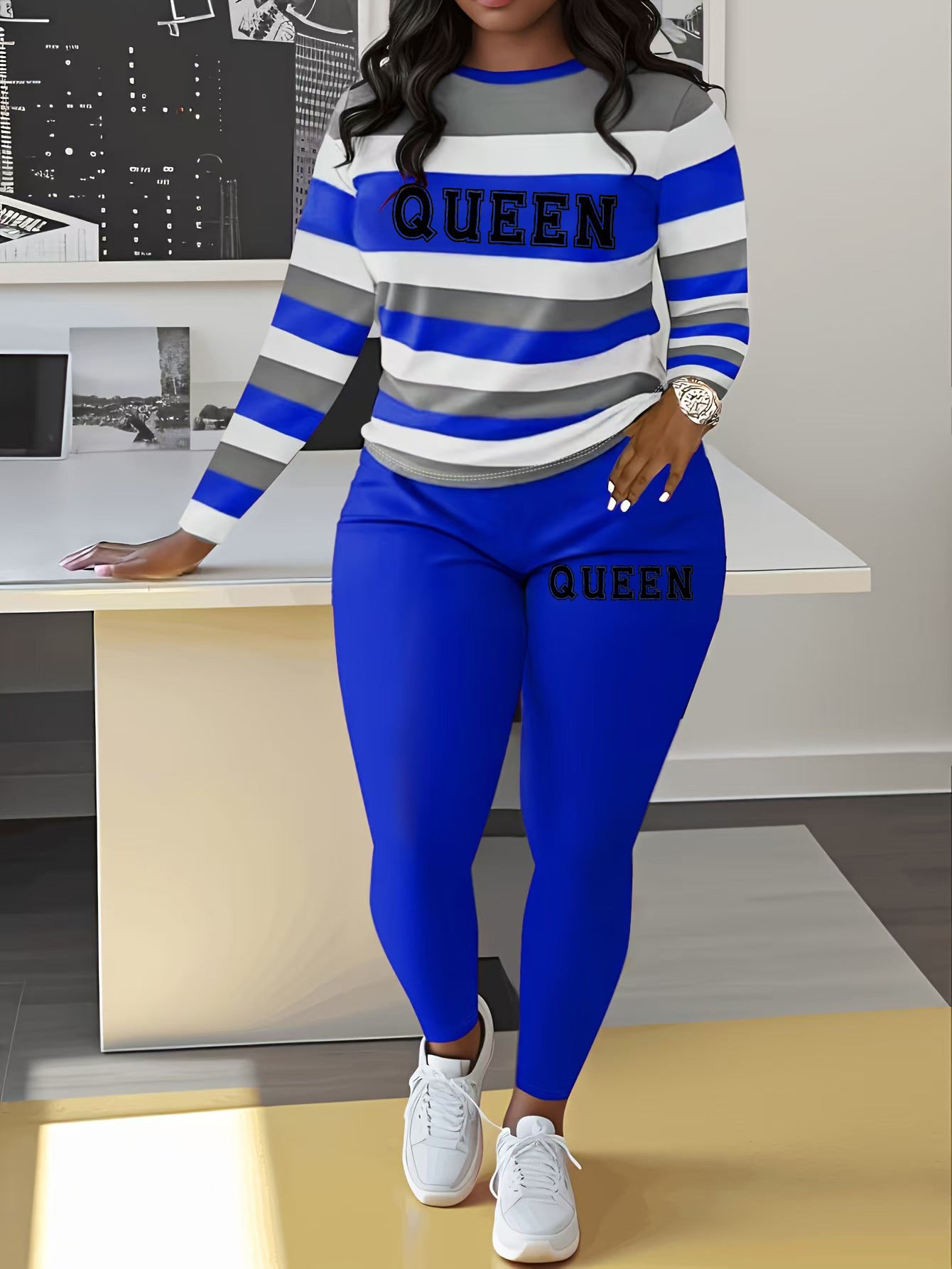 Damen Sportliches Zweiteiler-Set mit gestreiftem Oberteil und leggings WW