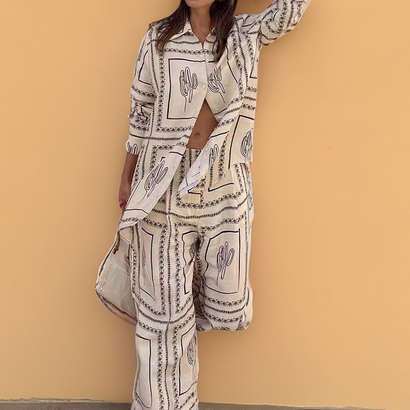Damen Elegantes Set aus lässiger Bluse und weit geschnittenen Hosen WW