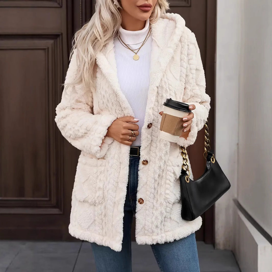 Damen angenehme und weiche Plüschjacke mit Kapuze und Taschen WW