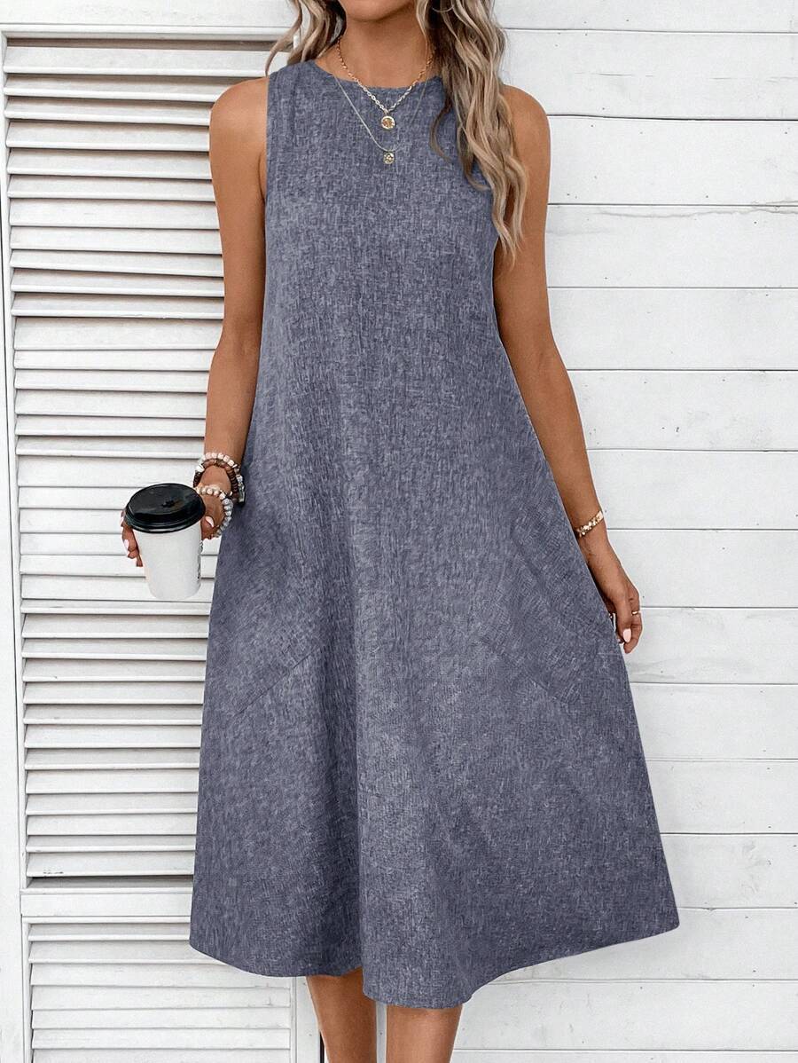 Damen lässiges Midi-Kleid mit tiefem Ausschnitt und praktischen Taschen WW