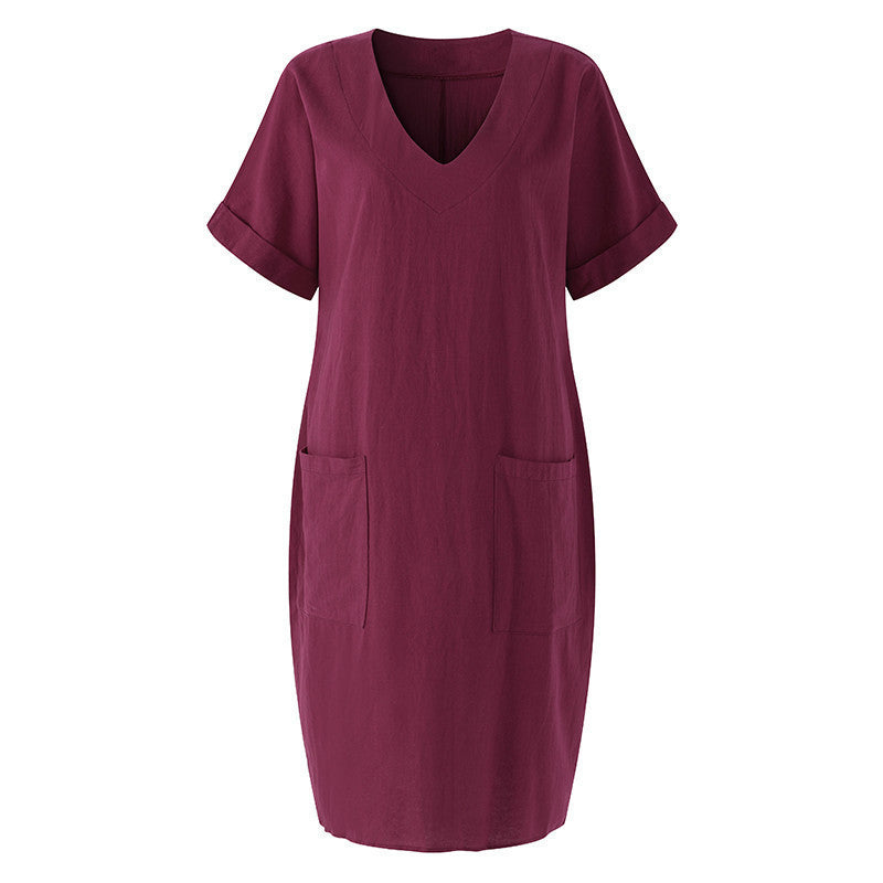 Damen lässiges Midikleid mit praktischen Taschen und V-Ausschnitt WW