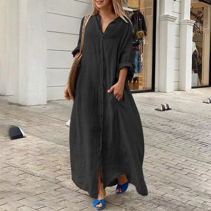 W&W Mode | Einreiher Baumwoll-Leinen Plus Size Langkleid
