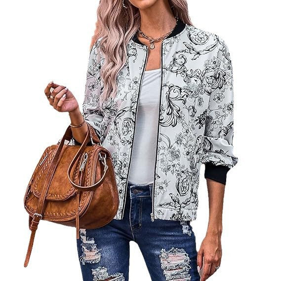 Damen Bomberjacke mit floralem Muster und elastischen Bündchen WW