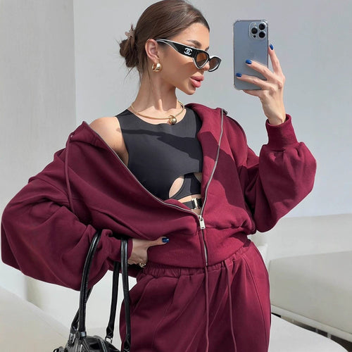 Damen sportliches Cropped-Set mit Reißverschluss und bequemen weiten Hosen WW