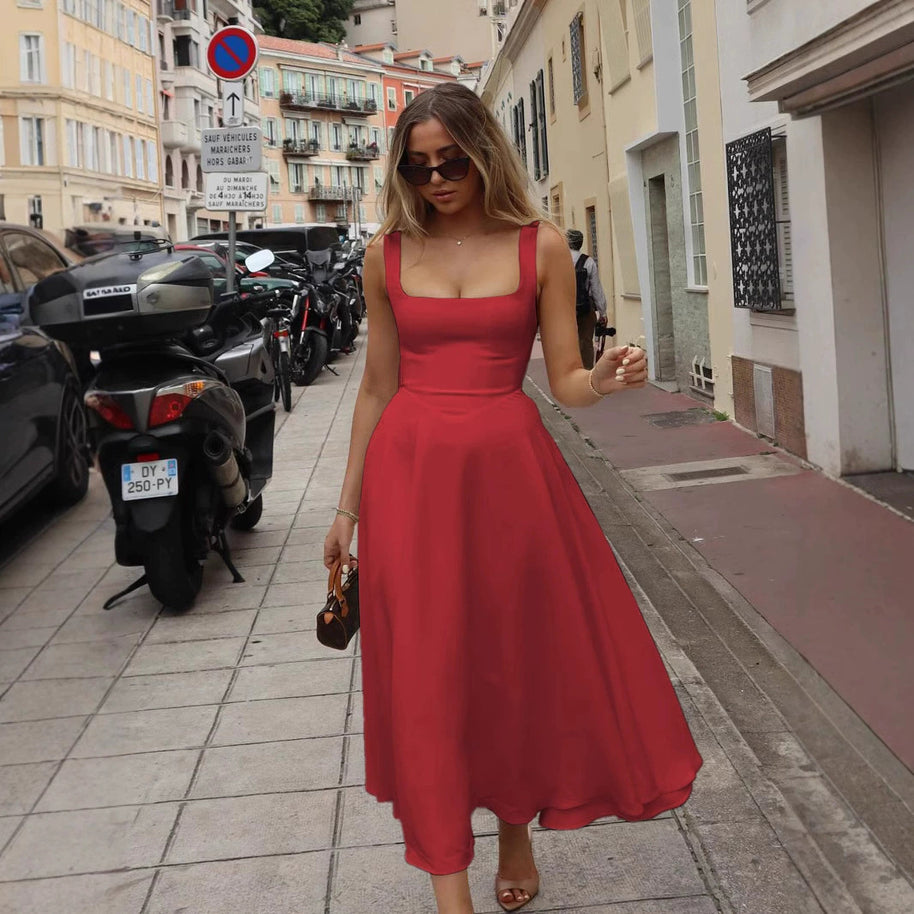 Damen Abendkleid mit quadratischem Ausschnitt und fließendem Rock WW