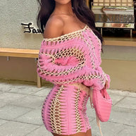 Damen Strick-Crop-Top und Rock Set mit einzigartigem Häkelmuster WW