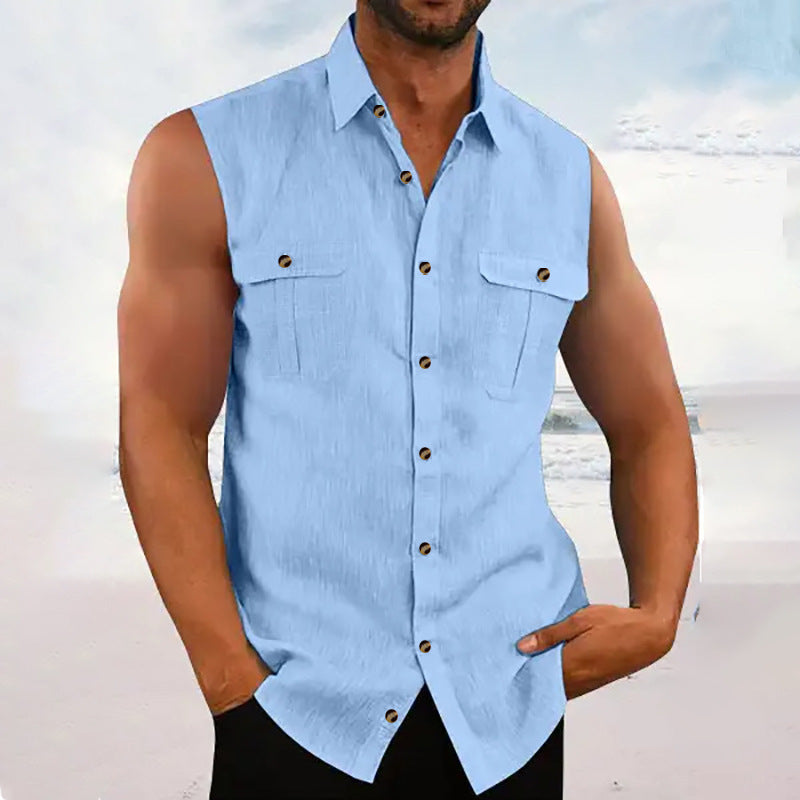 Herren ärmelloses Chambray-Hemd mit Brusttaschen und Knopfdetails WW