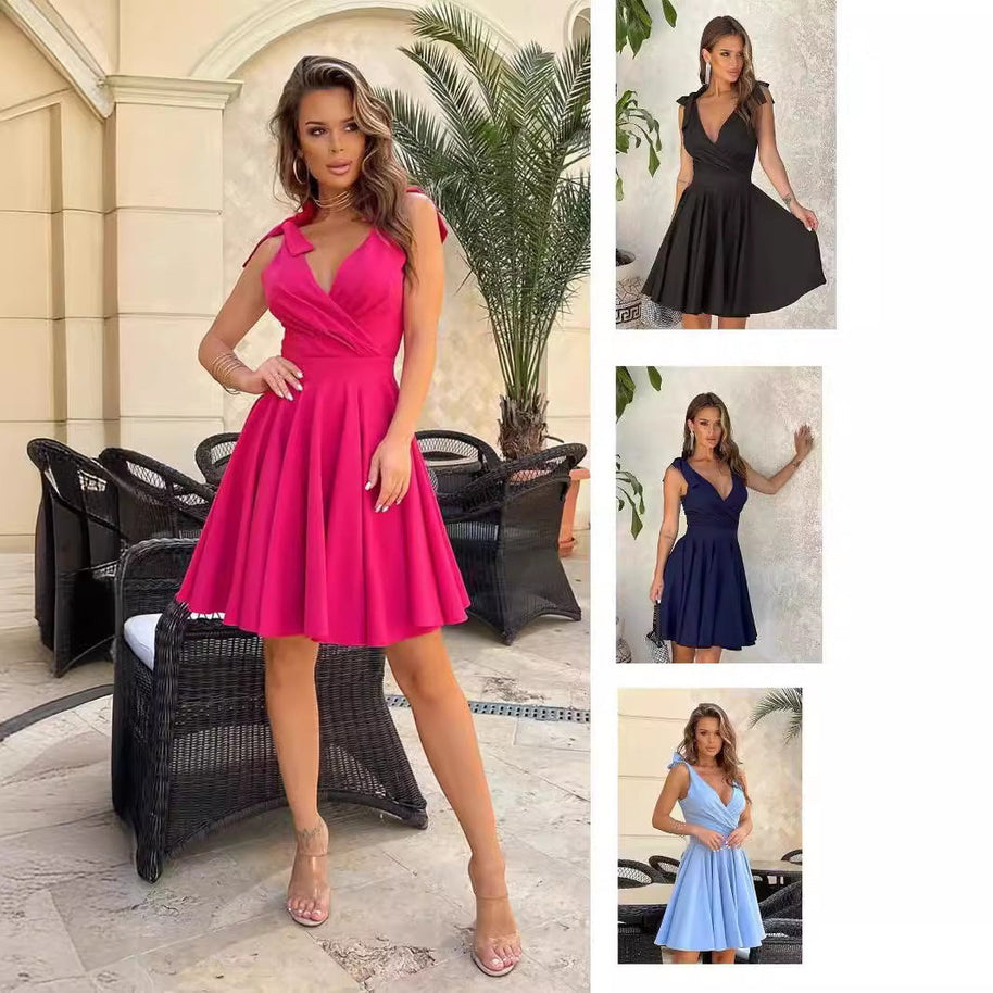 WW | Ärmelloses einfarbiges tiefes V-Ausschnitt-Minikleid