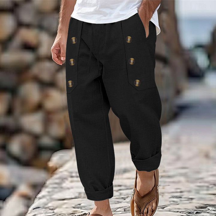 Herren lässige Leinen-Cargo-Hose mit praktischen Knöpfen und seitlichen Taschen W&W Mode