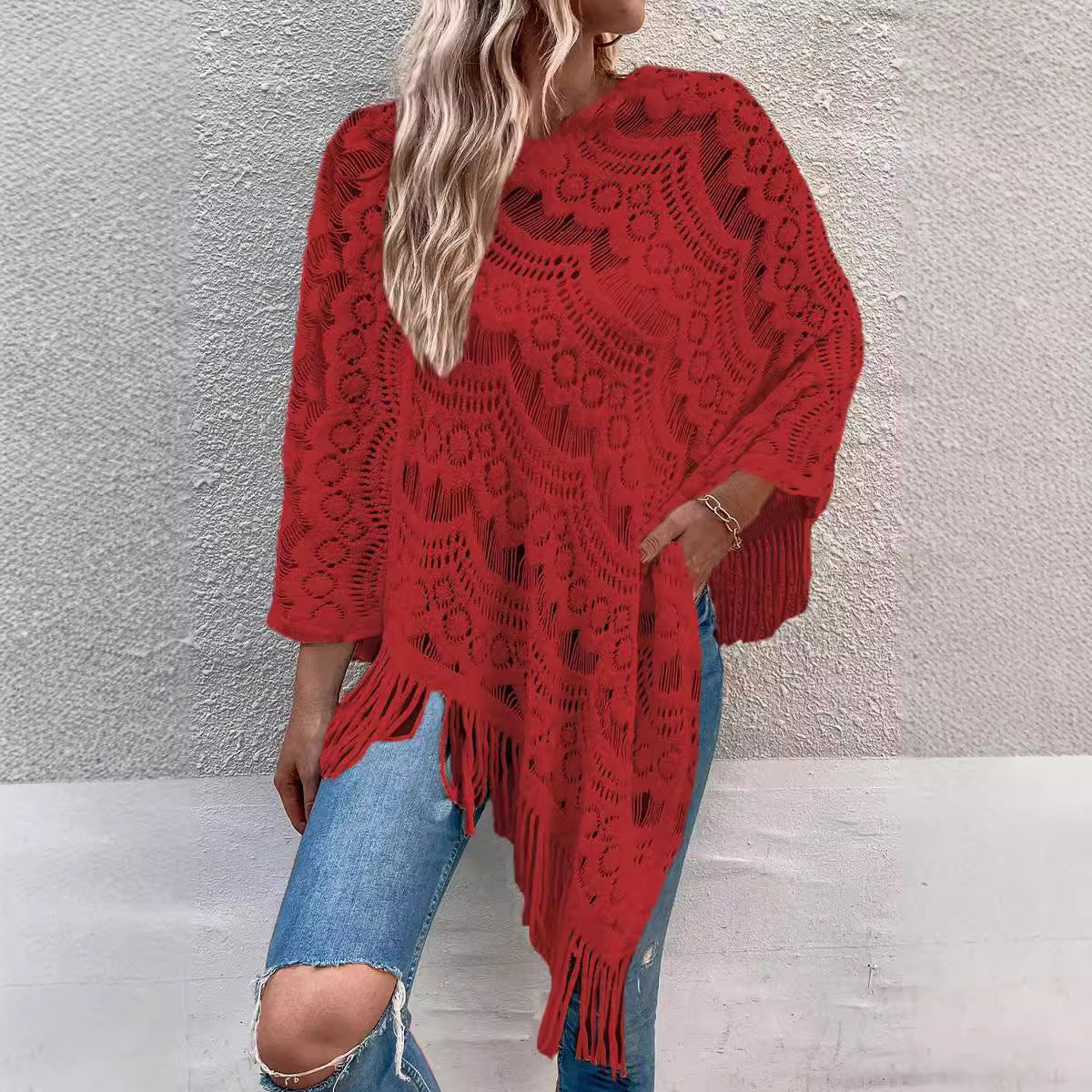Damen Strickponcho mit elegantem Fransen-Design WW