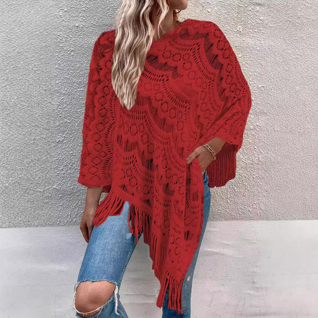 Damen Strickponcho mit elegantem Fransen-Design WW