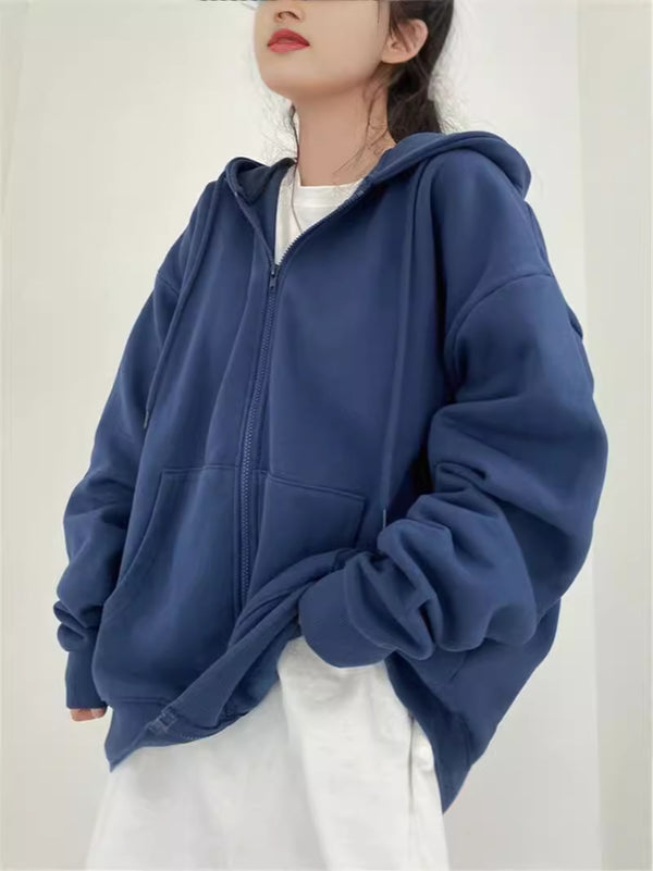 WOLF Zip-up Oversized Solid Pocket Hooded Langarm Lose Baseball Jacke