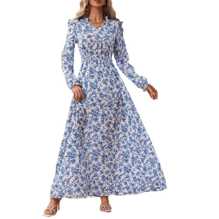 W&W Mode | Floral Lange Ärmel Elegantes Frauen Lang Kleid
