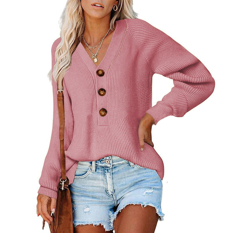 Damen Strickpullover mit V-Ausschnitt und Knopfdetails WW