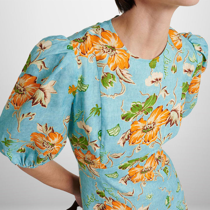 Damen Midikleid mit voluminösen Puffärmeln und floralem Muster W&W Mode