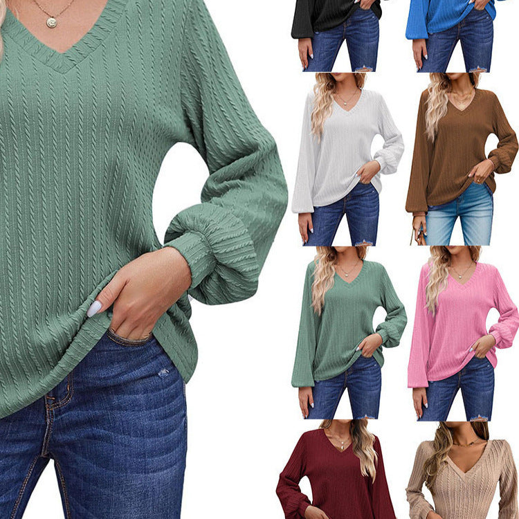 Damen Strickbluse mit feiner Rippstruktur und lässigem V-Ausschnitt WW