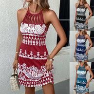 Damen ärmelloses Sommerkleid mit modischem Cut-Out-Design und grafischem Muster WW