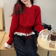 Damen romantischer Strick-Cardigan mit Spitze und Knopfdetails WW