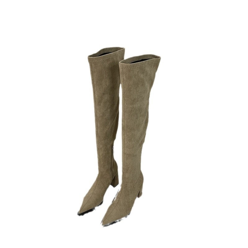 WW | Chunky Heel Hohe Stiefel Lange Wildleder Reißverschluss Stretch Dünn